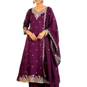 Women's Vichitra Silk Embroidered A-Line Kurta with Pant and Dupatta Sets (NX-845)
