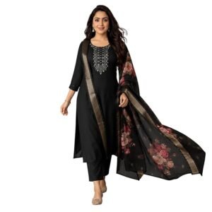 Women Embroidered Kurta and Pant Set with Dupatta | Ethnic Suit Set for Women | Floral Printed Organza Dupatta | Festive, & Traditional Kurta Set
